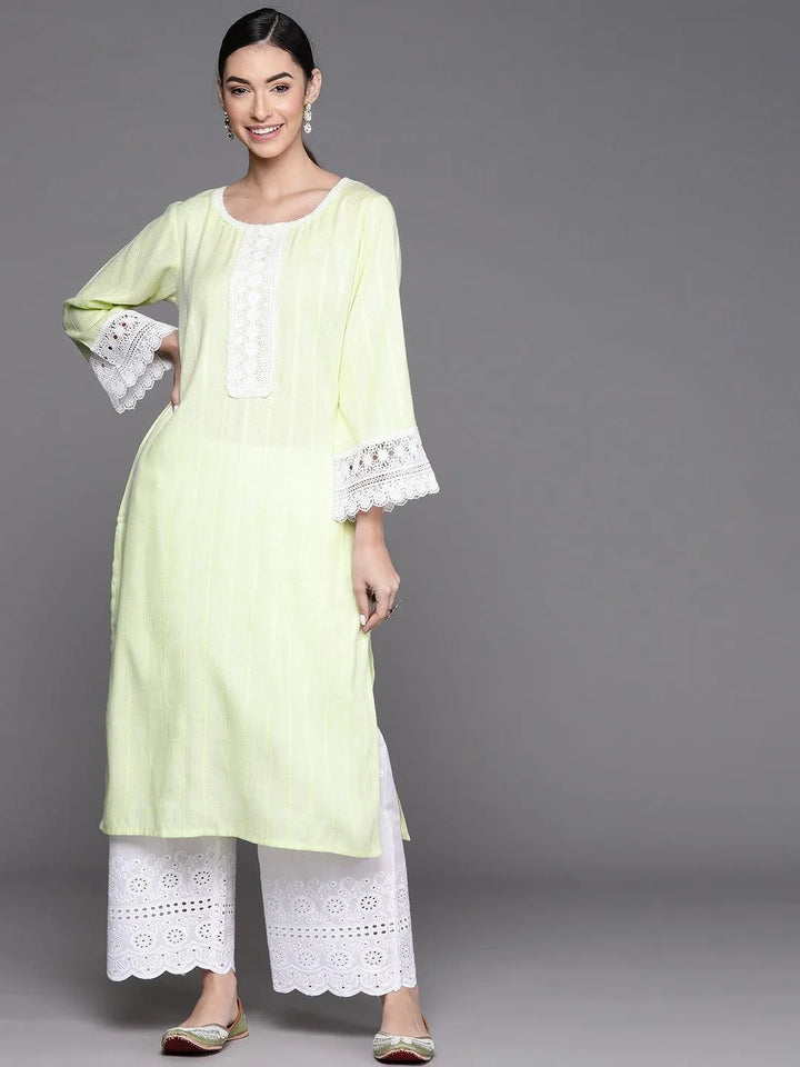 Green Woven Design Rayon Kurta - Libas