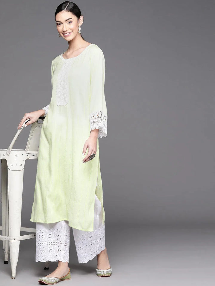 Green Woven Design Rayon Kurta - Libas