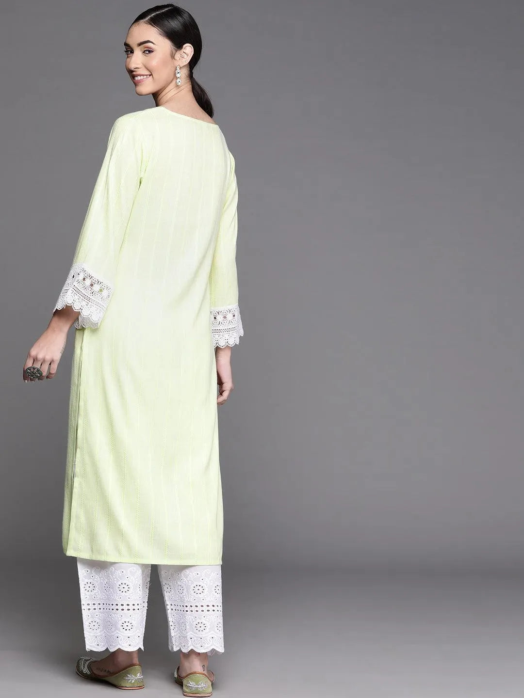 Green Woven Design Rayon Kurta - Libas