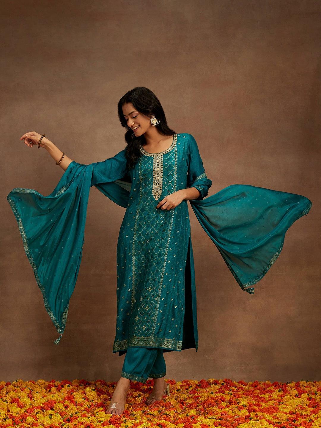 Green Woven Design Silk Blend Straight Kurta With Trousers & Dupatta - Libas