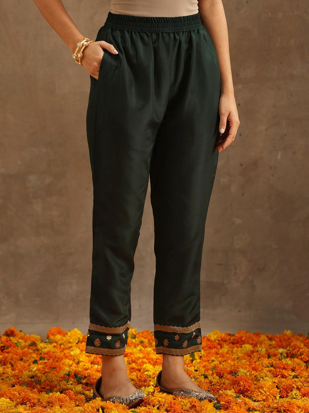 Green Woven Design Silk Blend Straight Kurta With Trousers & Dupatta
