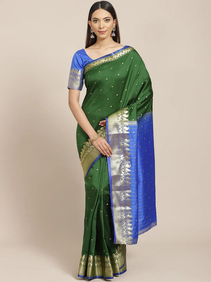 Green Woven Design Silk Saree - Libas