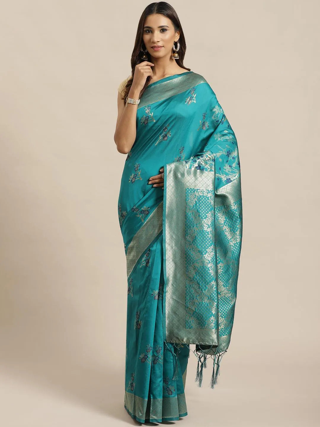 Green Woven Design Silk Saree - Libas