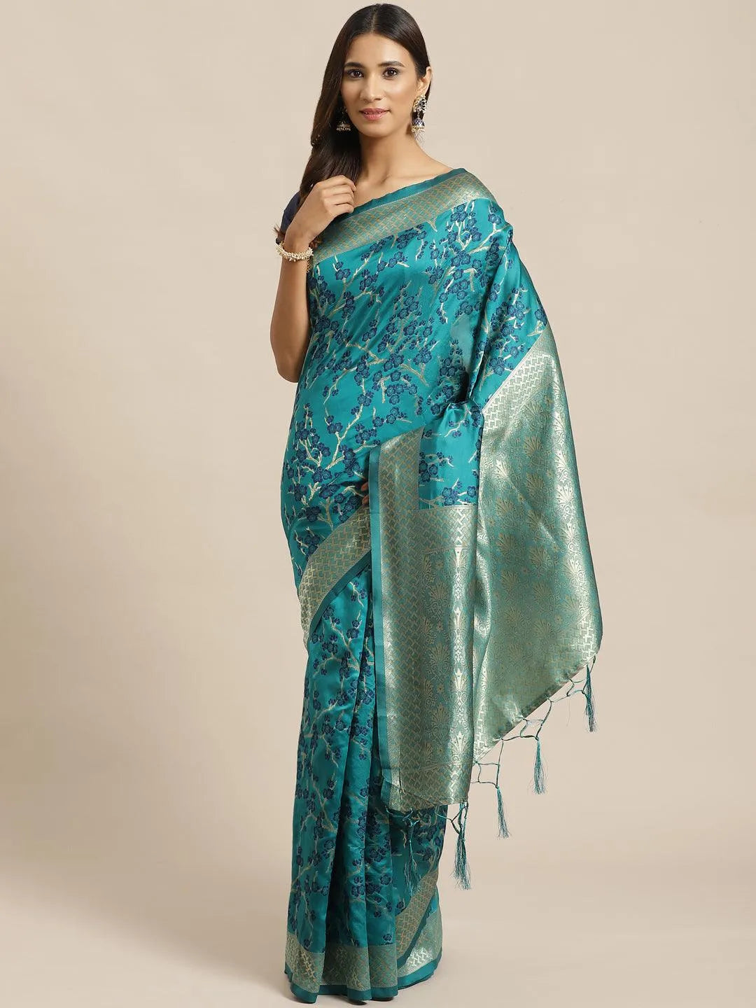 Green Woven Design Silk Saree - Libas