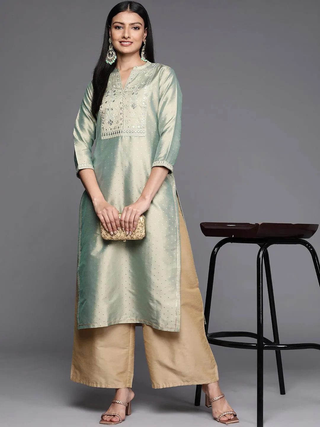 Green Yoke Design Art Silk Straight Kurta - Libas