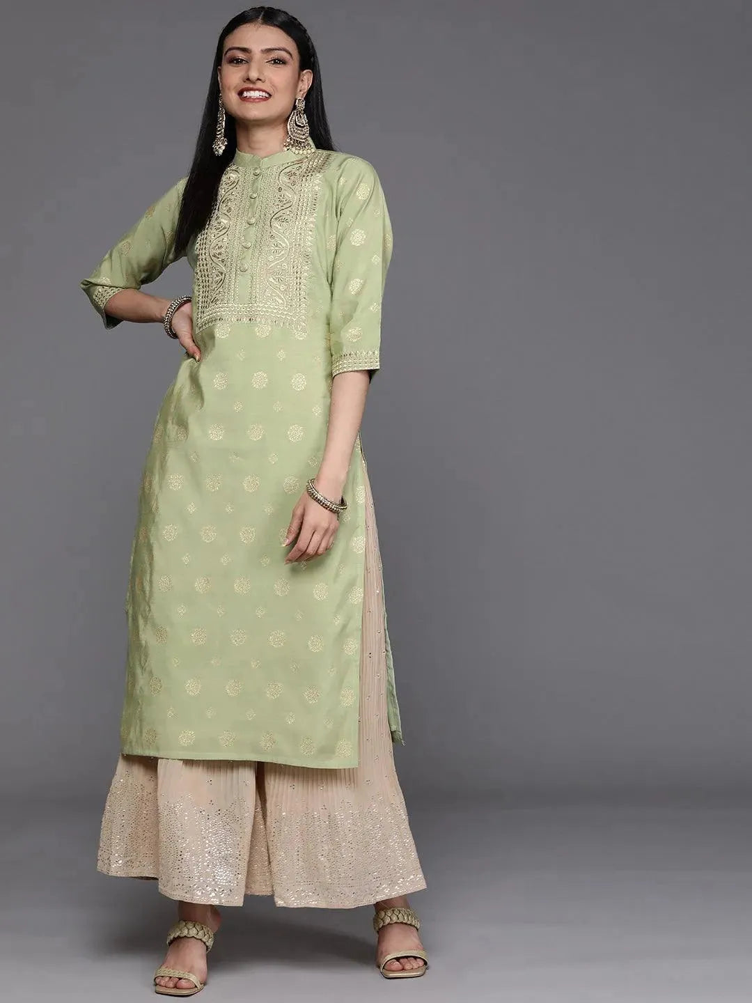 Green Yoke Design Chanderi Silk Kurta - Libas