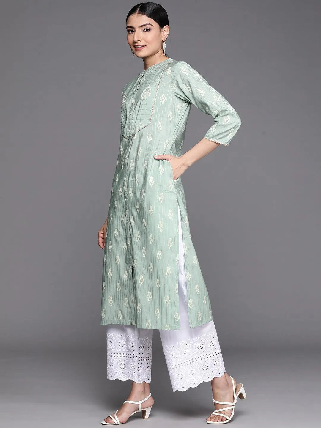 Green Yoke Design Chanderi Silk Kurta - Libas