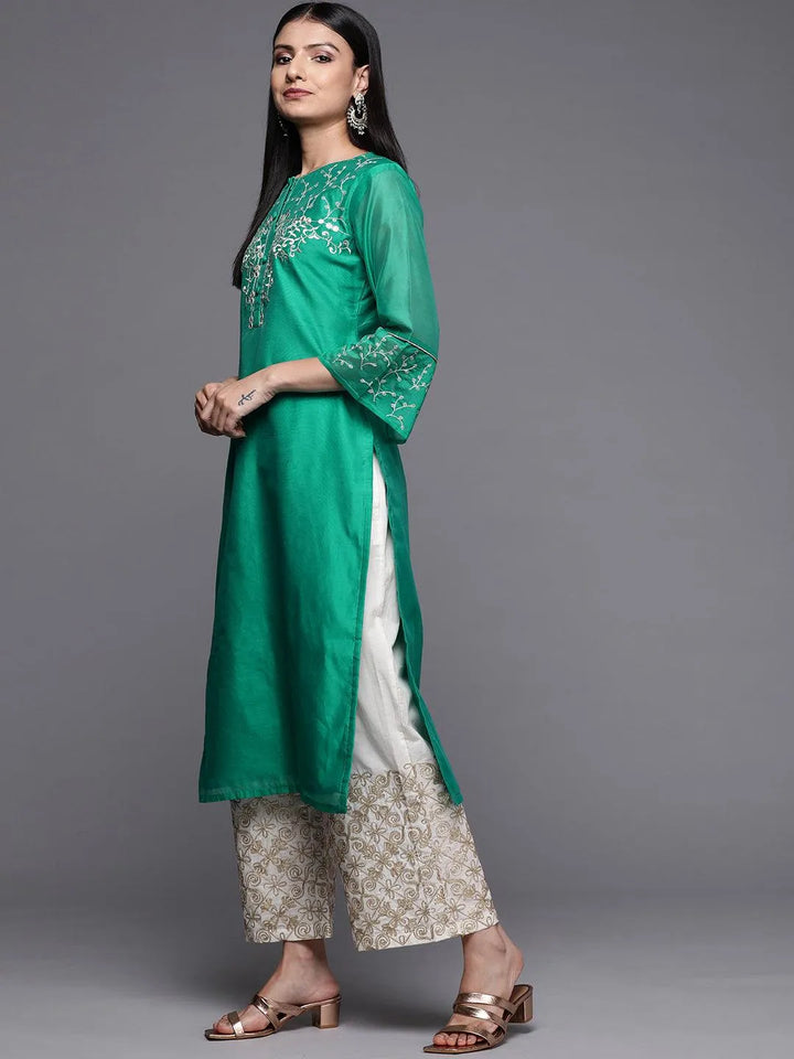 Green Yoke Design Chanderi Silk Straight Kurta - Libas