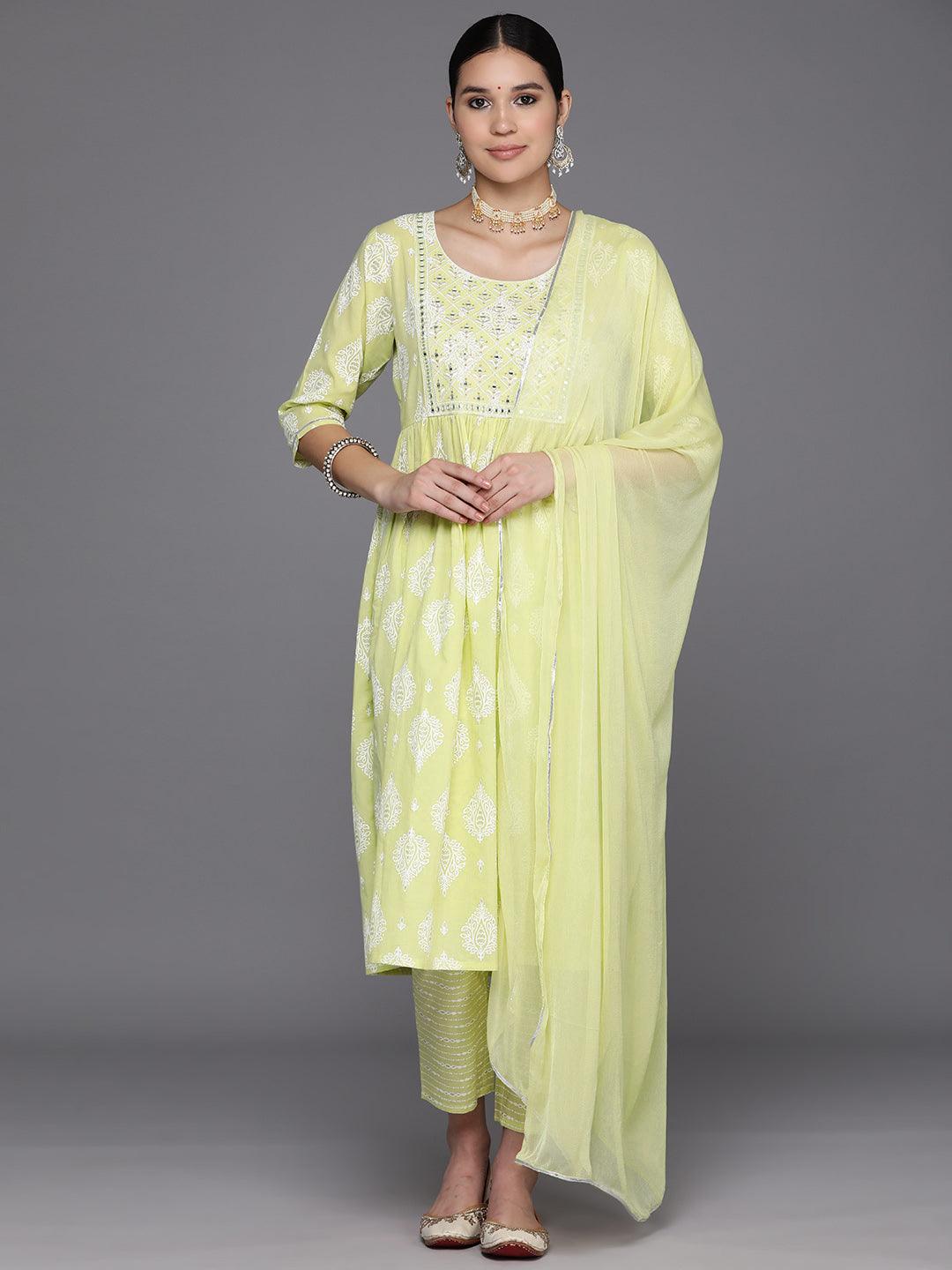 Green Yoke Design Cotton A-Line Suit Set With Trousers - Libas