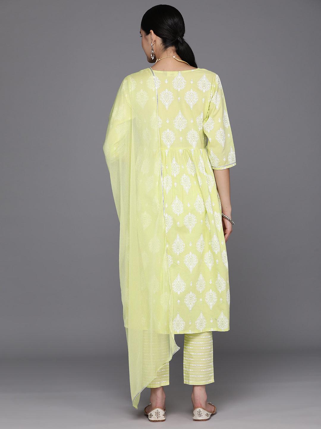 Green Yoke Design Cotton A-Line Suit Set With Trousers - Libas