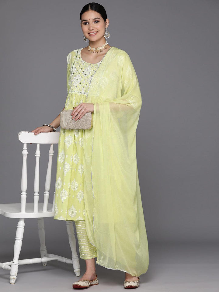 Green Yoke Design Cotton A-Line Suit Set With Trousers - Libas