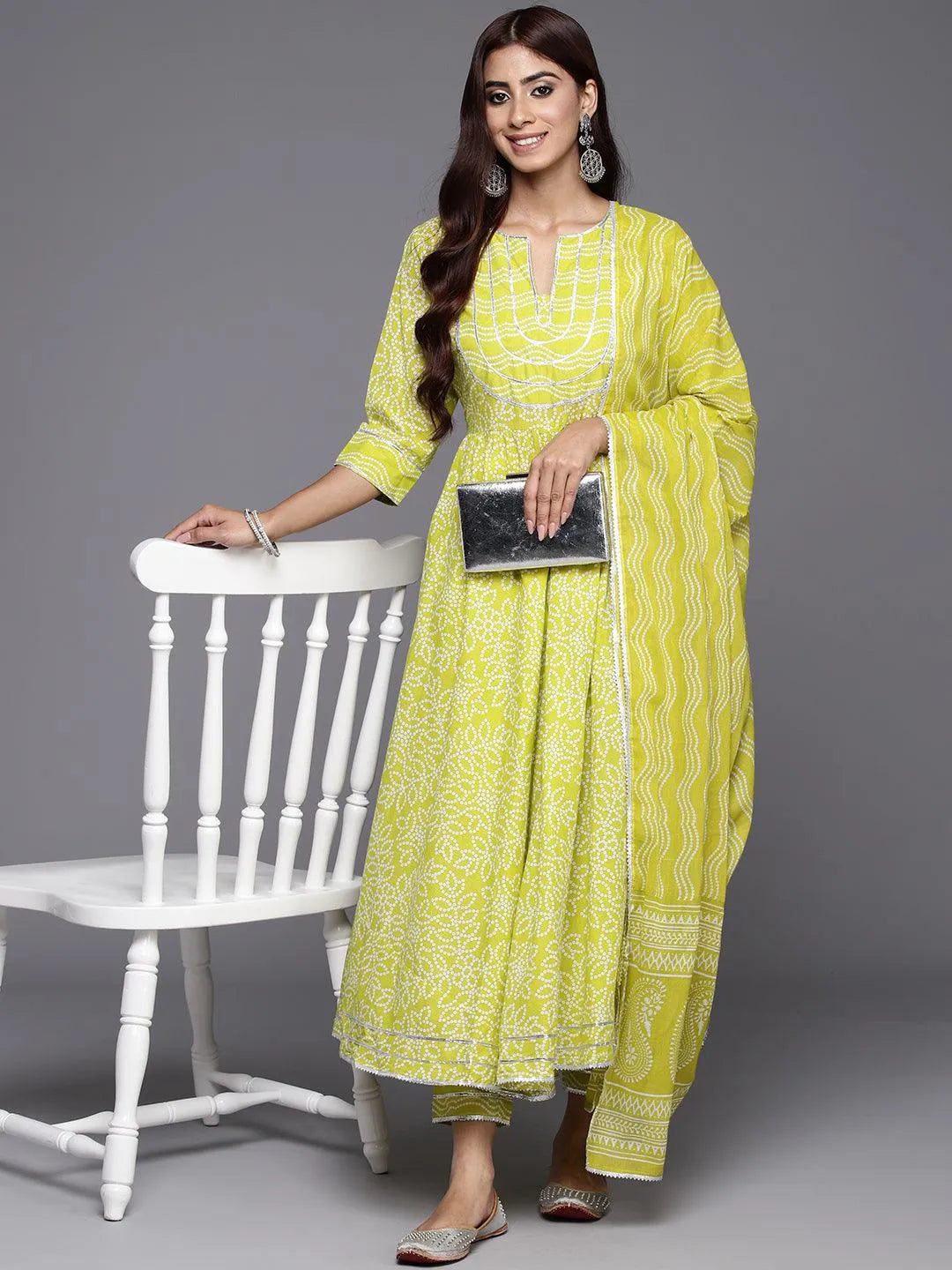 Green Yoke Design Cotton Anarkali Kurta With Trousers & Dupatta - Libas