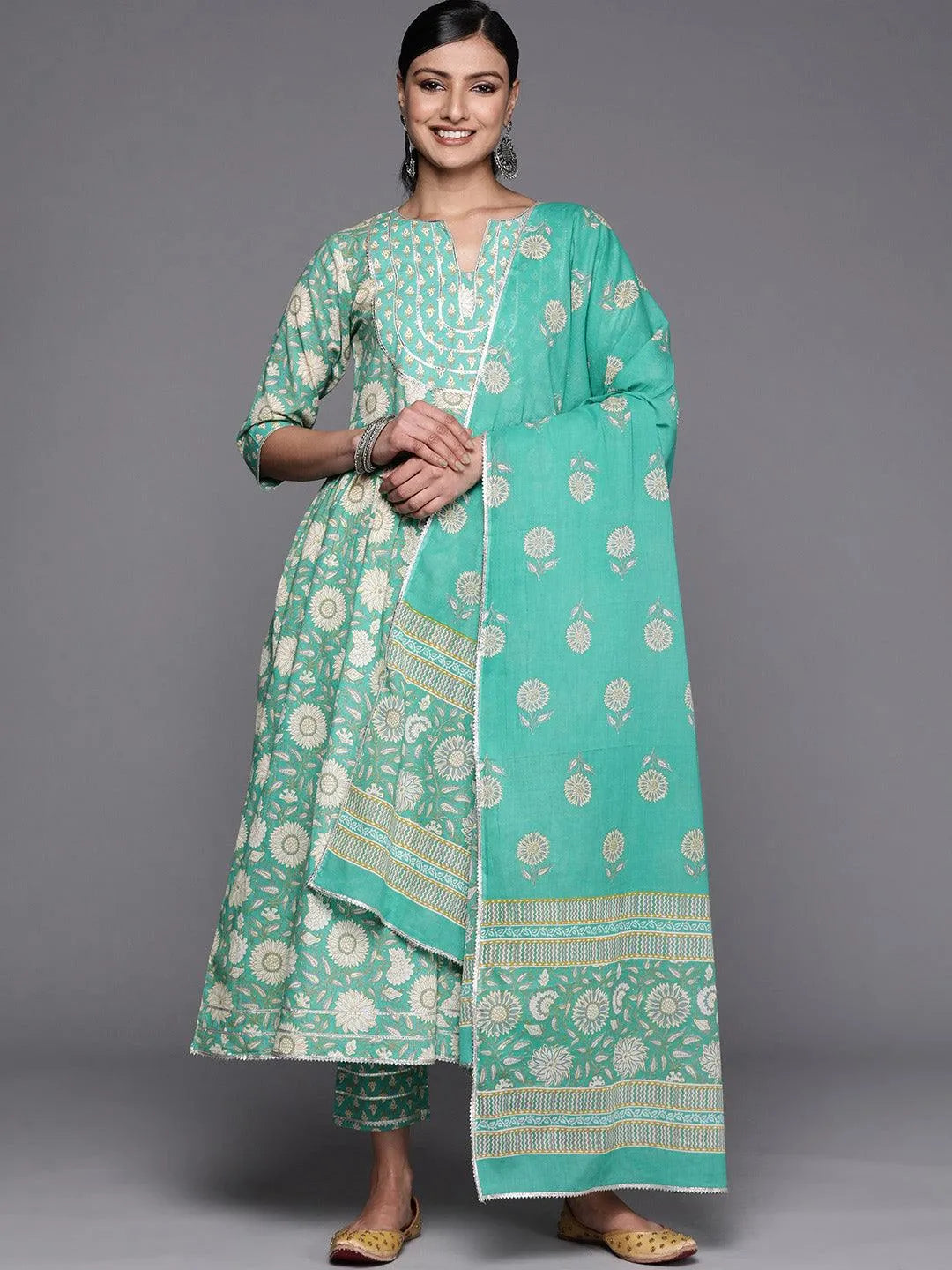 Green Yoke Design Cotton Anarkali Suit Set With Trousers - Libas 