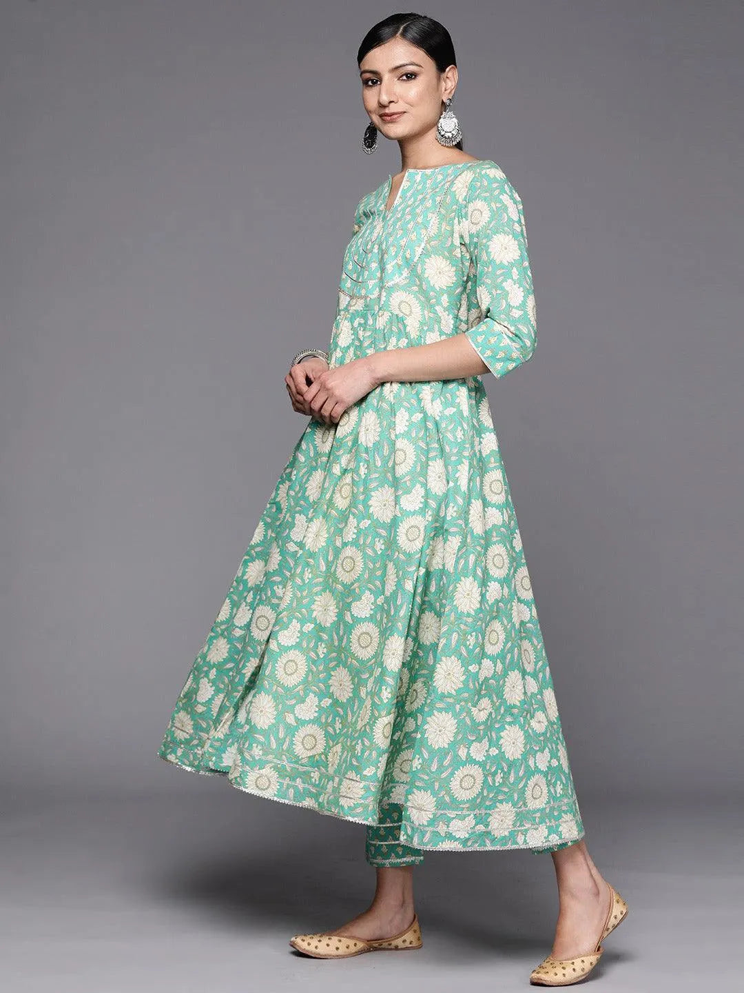 Green Yoke Design Cotton Anarkali Suit Set With Trousers - Libas 