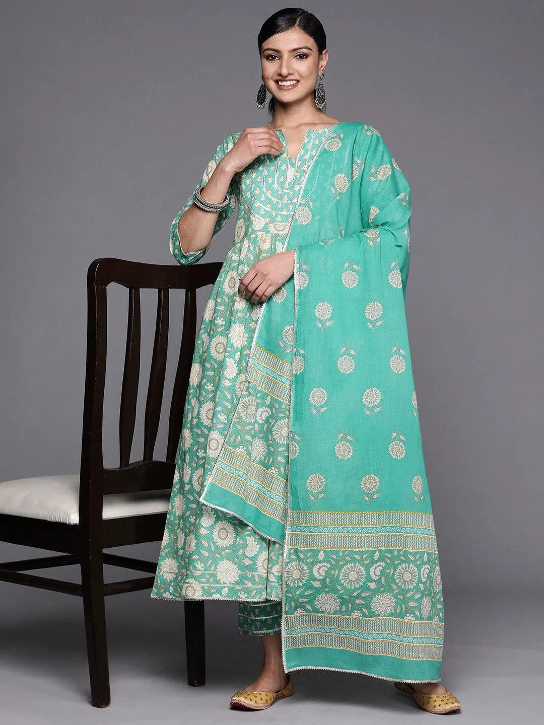 Green Yoke Design Cotton Anarkali Suit Set With Trousers - Libas 