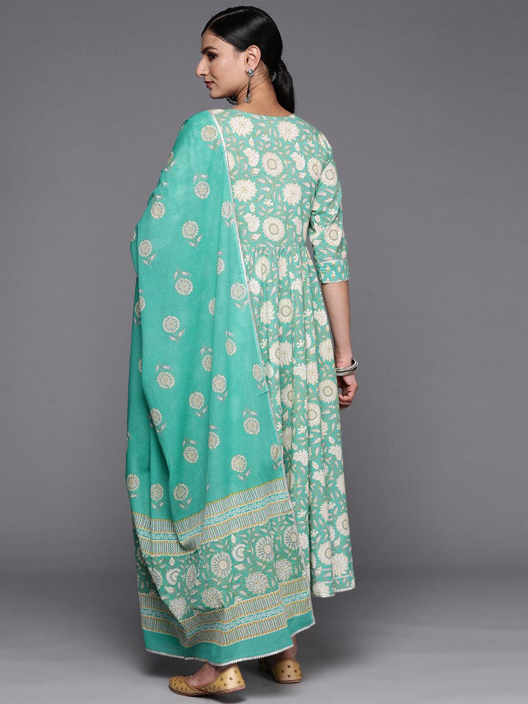 Buy Green Yoke Design Cotton Anarkali Kurta With Trousers & Dupatta ...