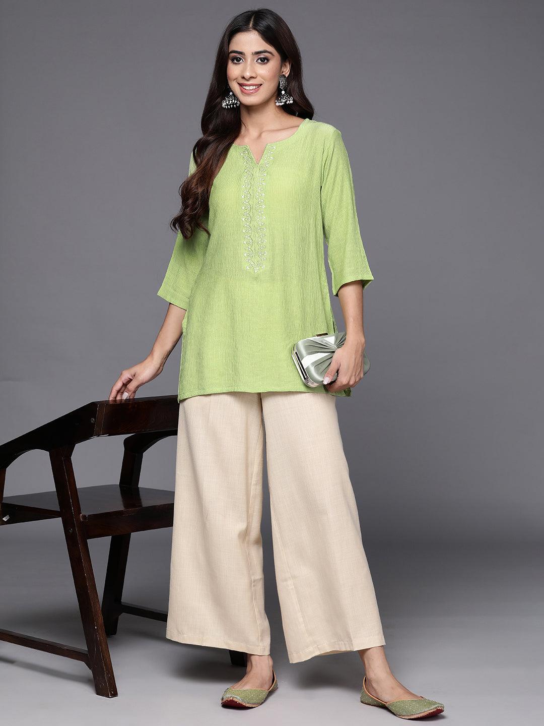 Green Yoke Design Cotton Blend Straight Kurti - Libas