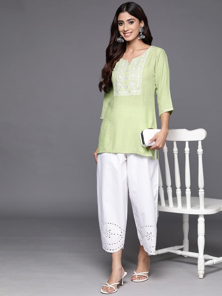 Green Yoke Design Cotton Blend Straight Kurti - Libas