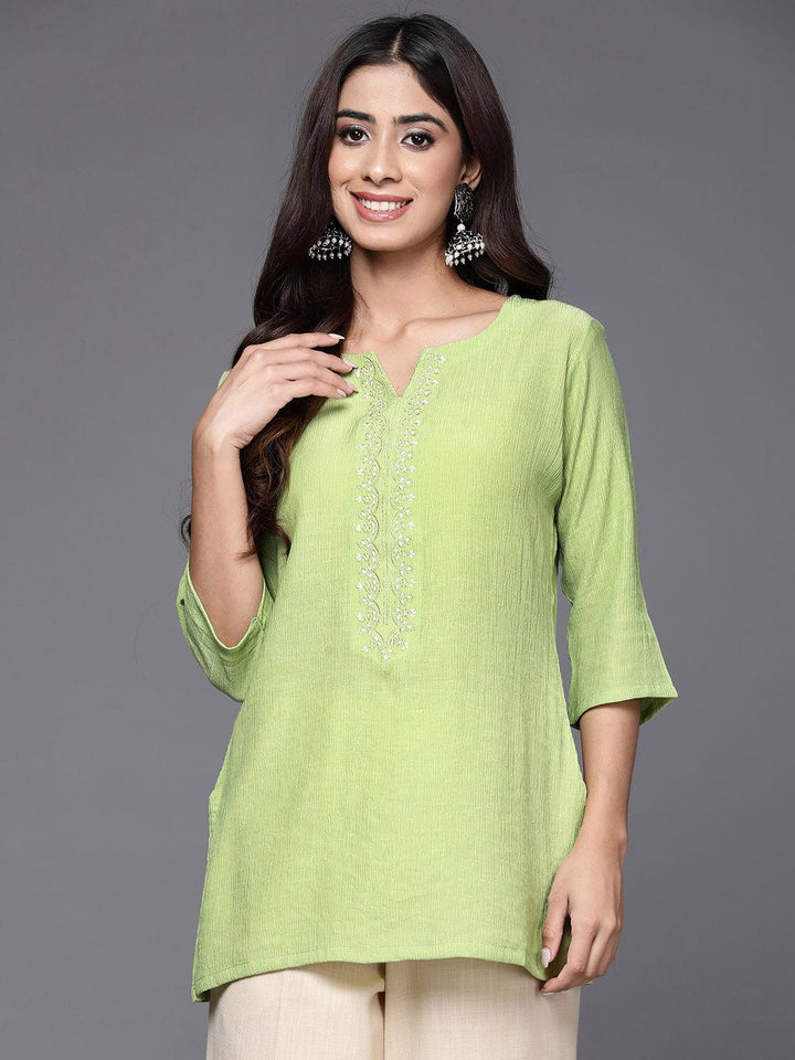 Green Yoke Design Cotton Blend Straight Kurti - Libas