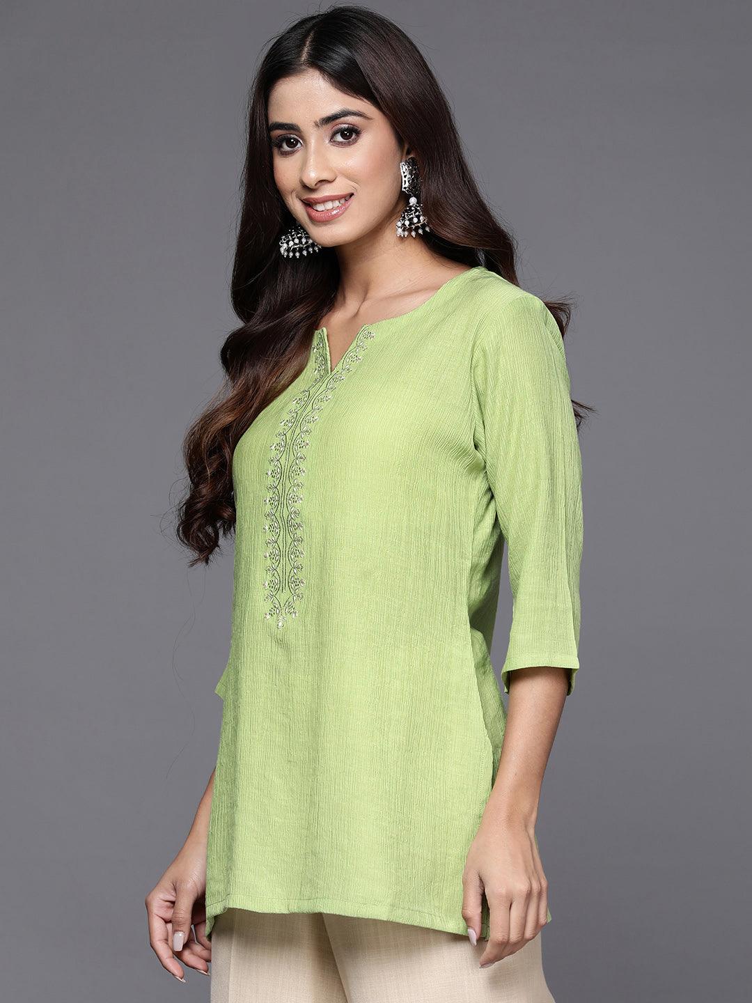 Green Yoke Design Cotton Blend Straight Kurti - Libas