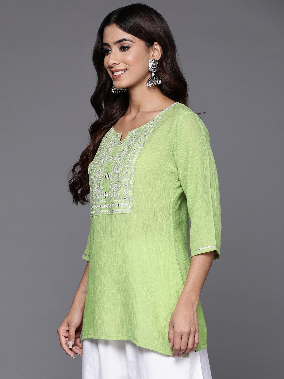 Green Yoke Design Cotton Blend Straight Kurti - Libas