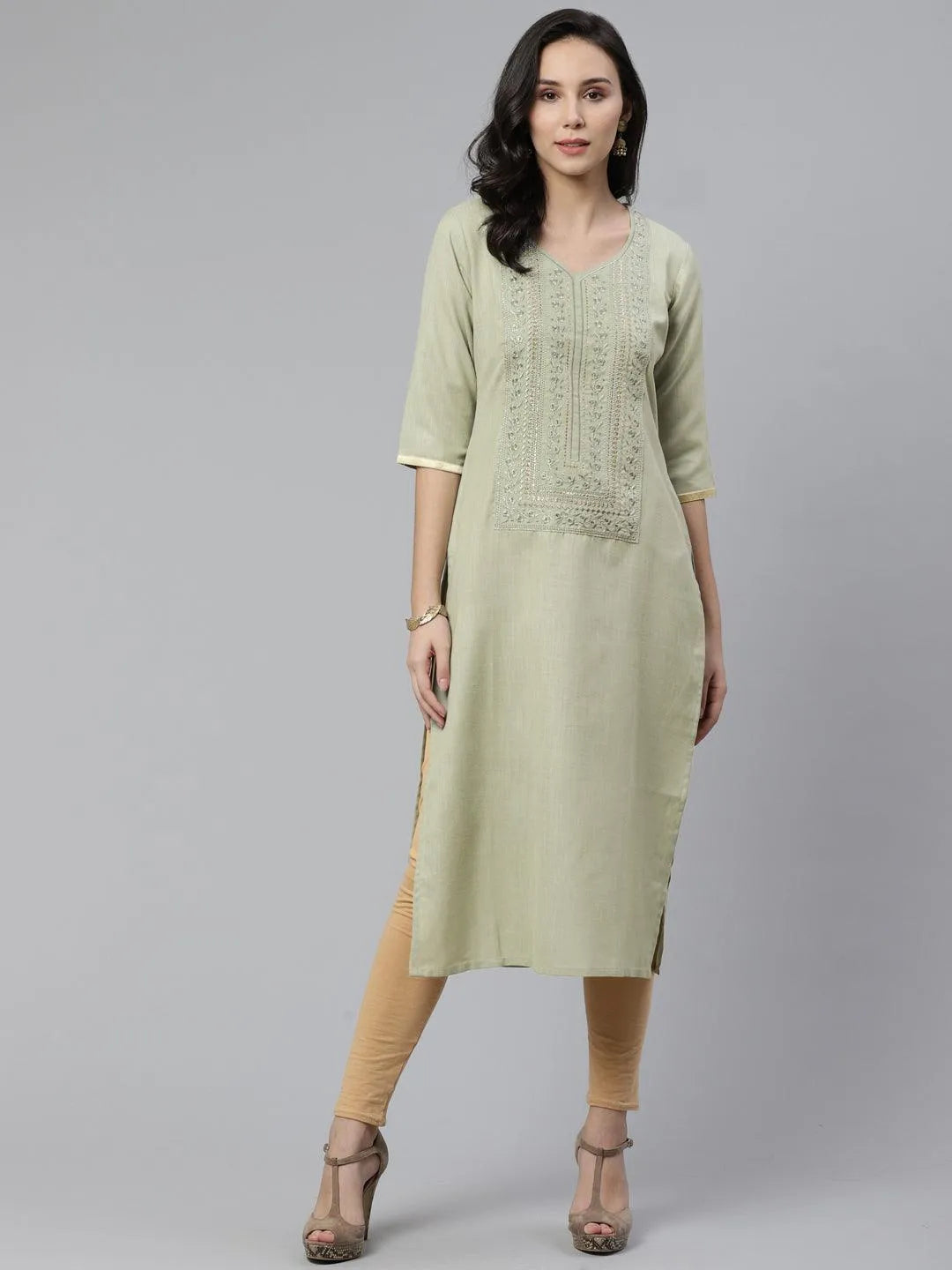 Green Yoke Design Cotton Kurta - Libas