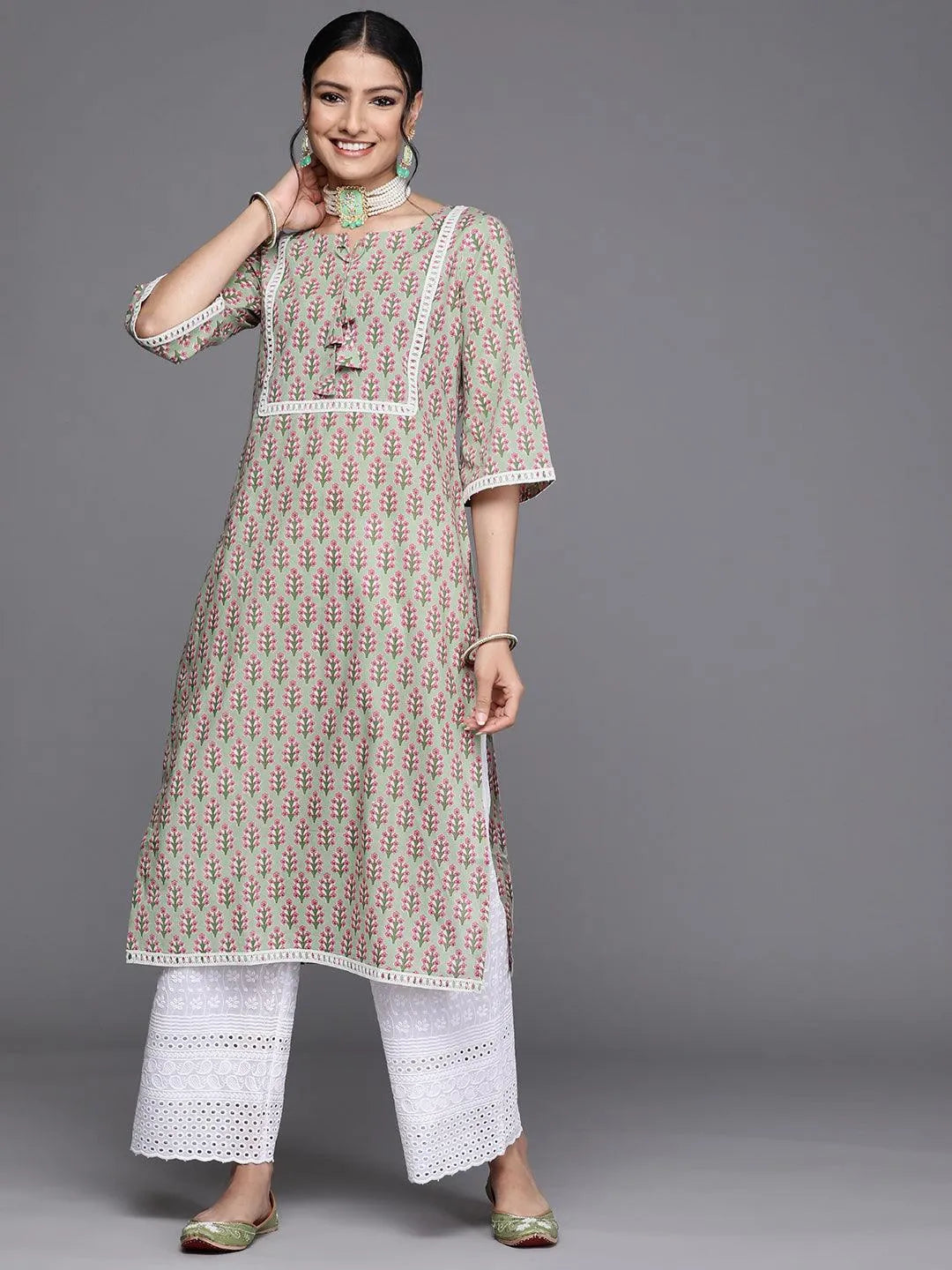 Green Yoke Design Cotton Kurta - Libas