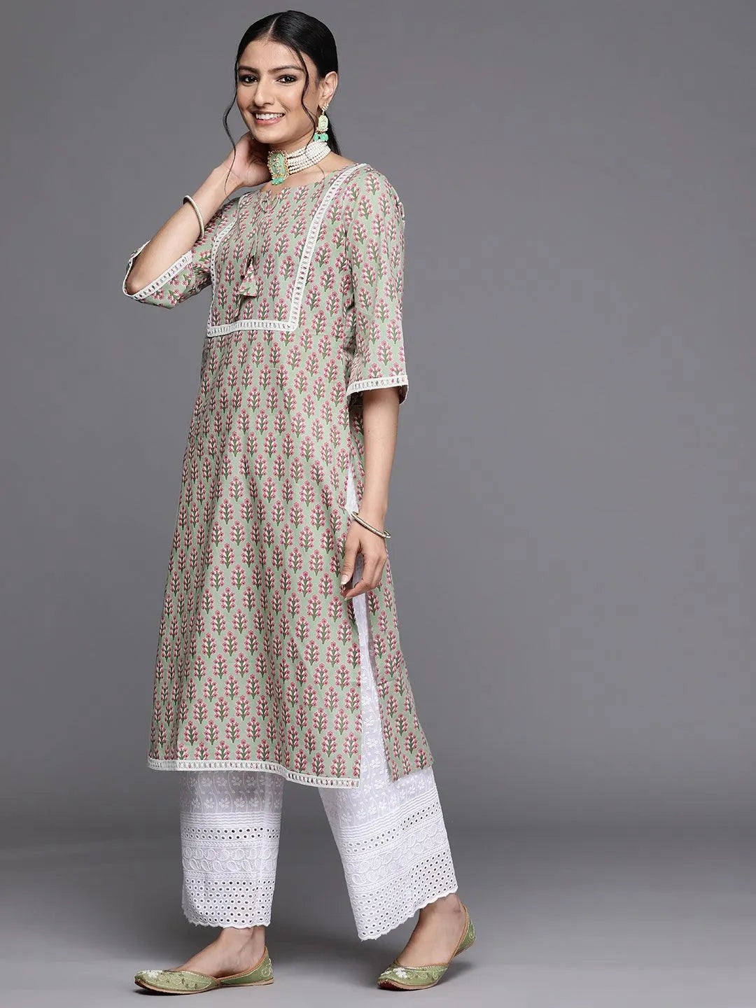 Green Yoke Design Cotton Kurta - Libas