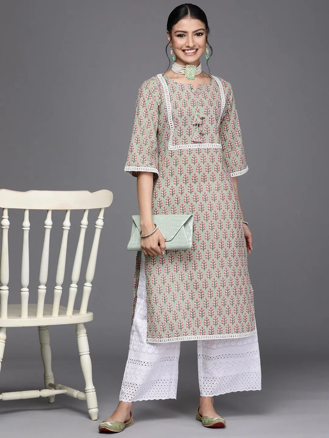 Green Yoke Design Cotton Kurta - Libas