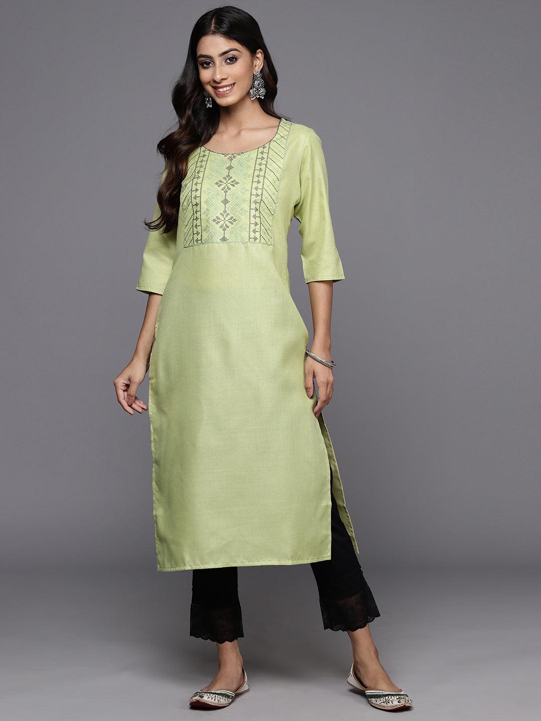 Green Yoke Design Cotton Straight Kurta - Libas