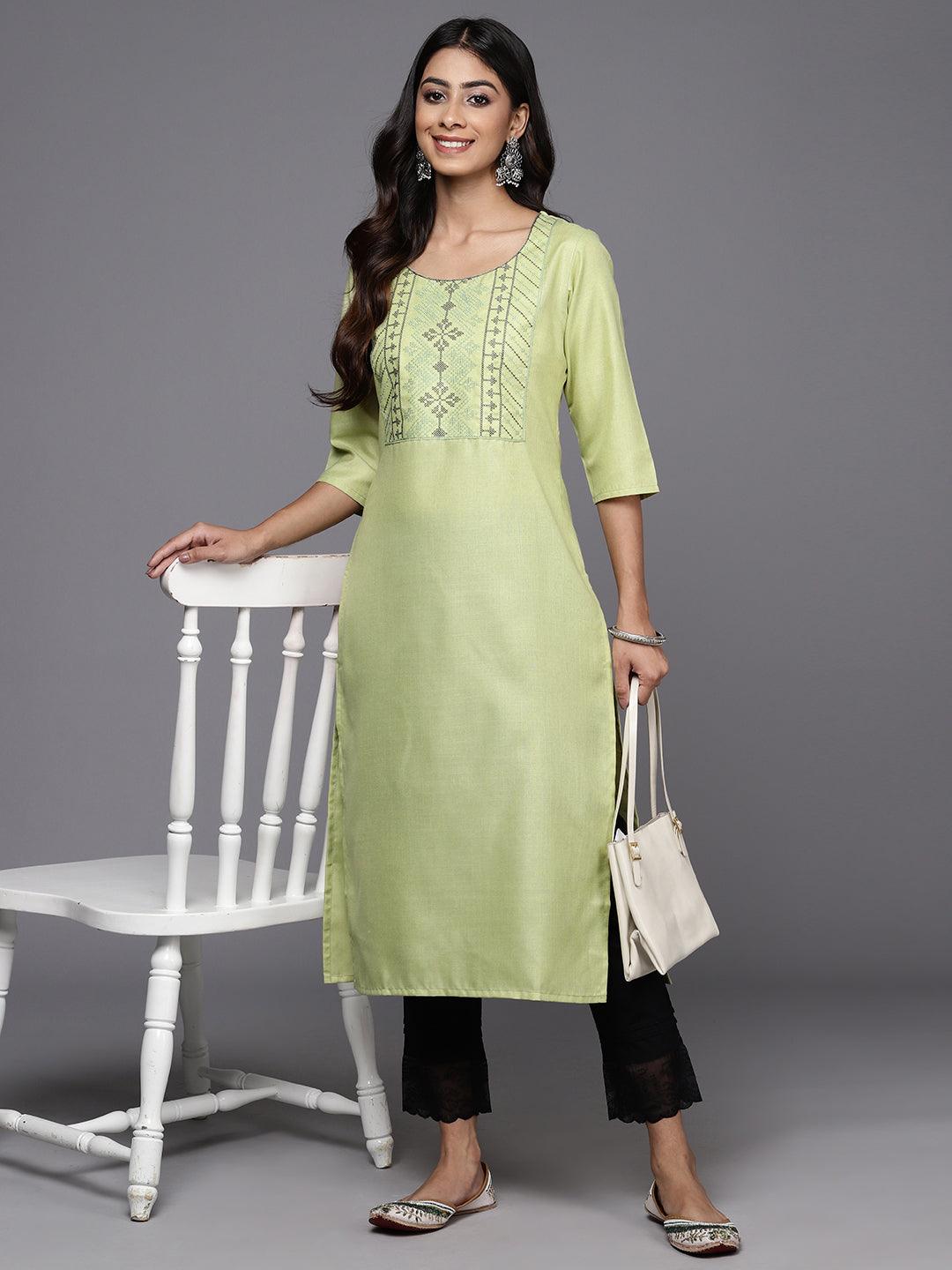 Green Yoke Design Cotton Straight Kurta - Libas