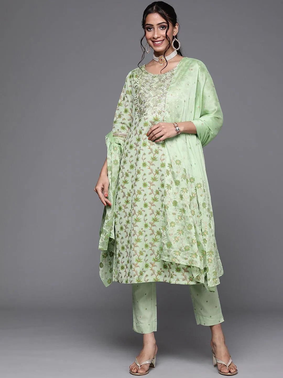 Green Yoke Design Cotton Suit Set - Libas 