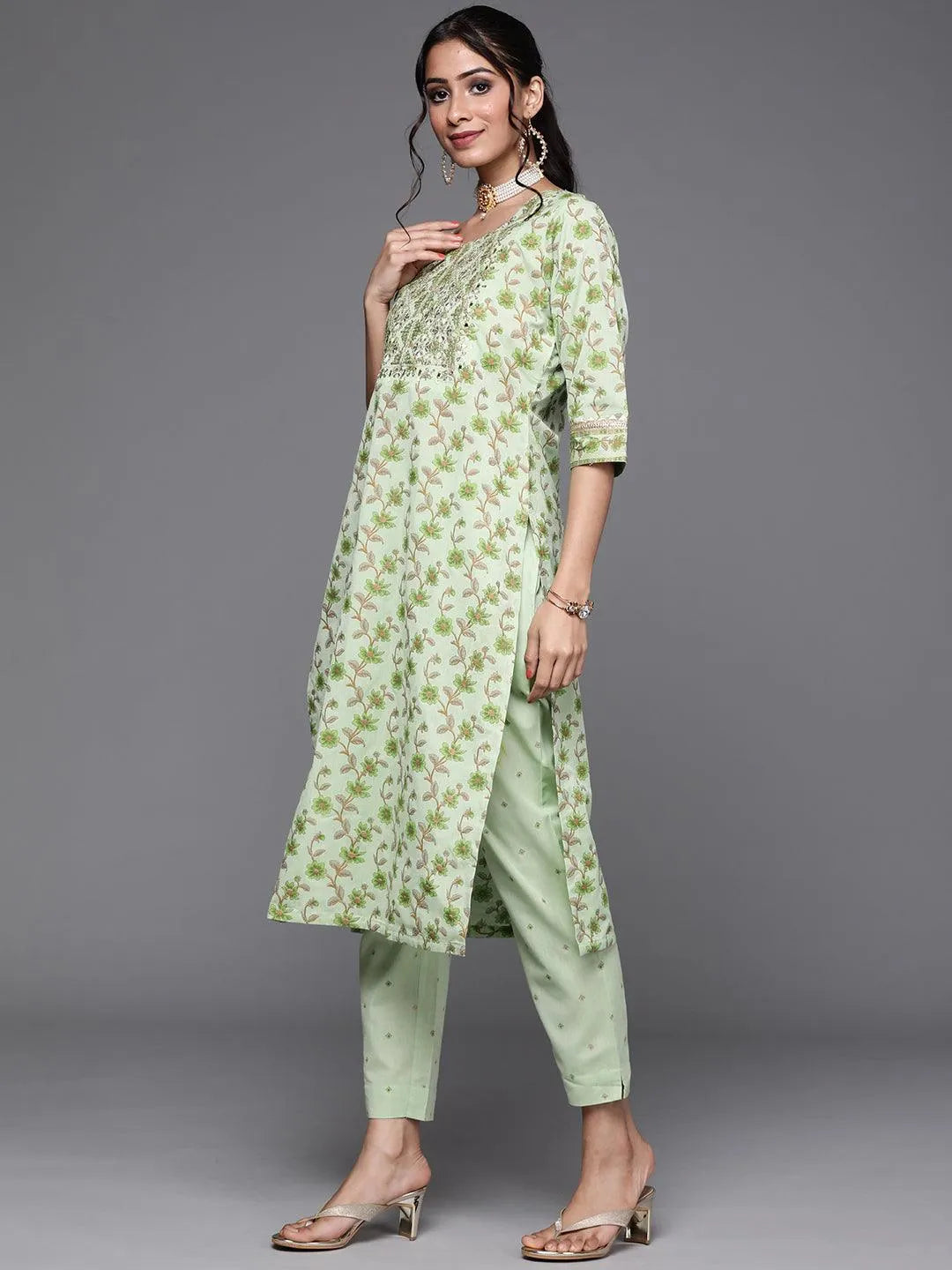 Green Yoke Design Cotton Suit Set - Libas 