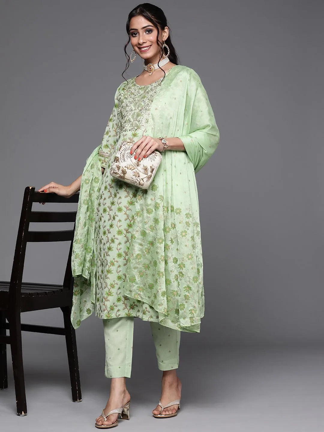 Green Yoke Design Cotton Suit Set - Libas 