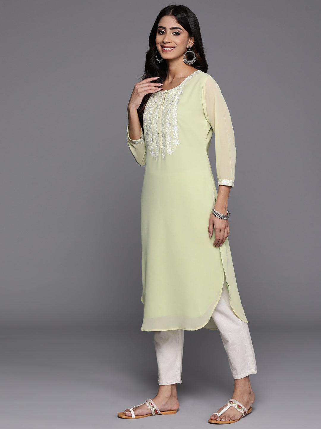 Green Yoke Design Georgette Pathani Kurta - Libas 