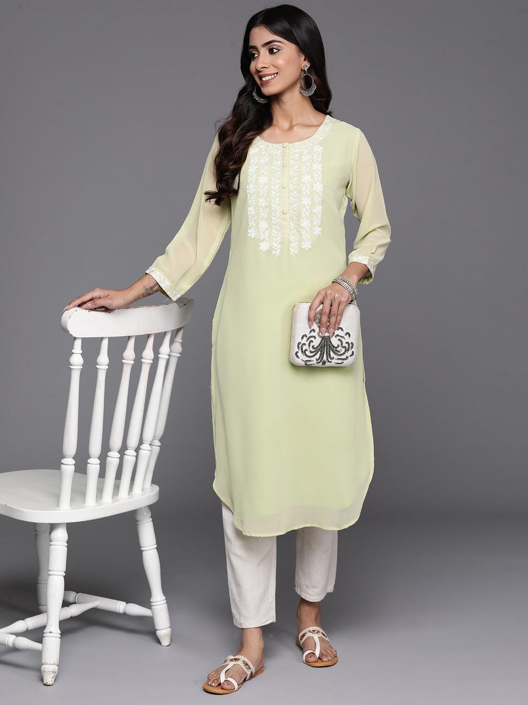 Green Yoke Design Georgette Pathani Kurta - Libas 