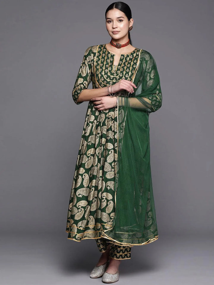 Green Yoke Design Rayon Anarkali Suit Set With Trousers - Libas