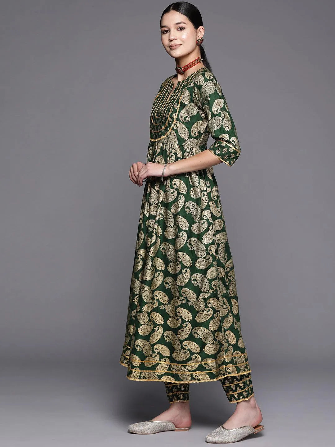 Green Yoke Design Rayon Anarkali Suit Set With Trousers - Libas