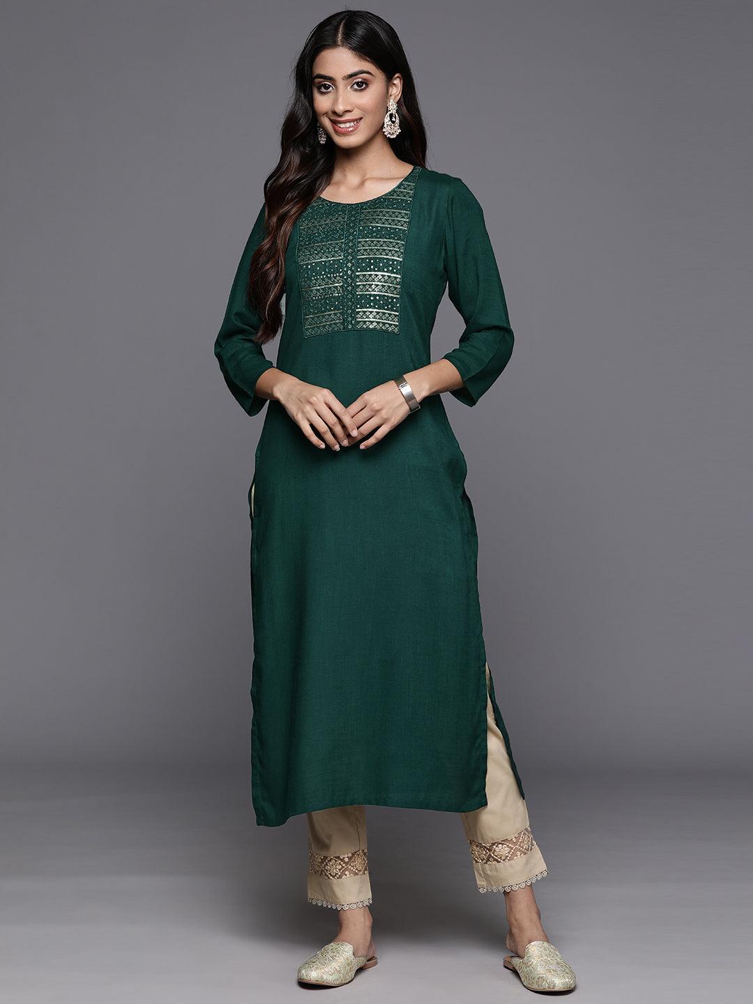 Green Yoke Design Rayon Straight Kurta - Libas