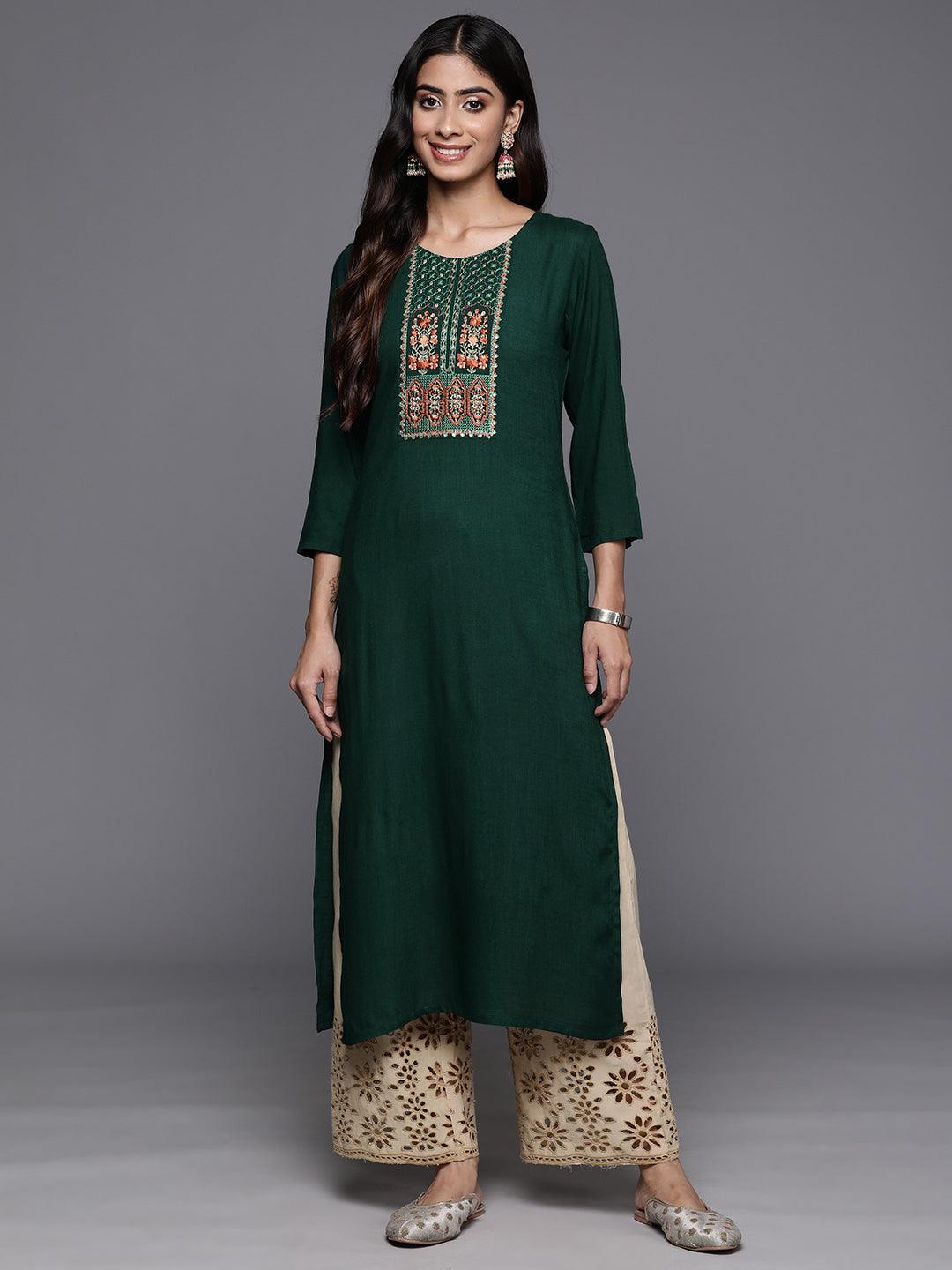 Green Yoke Design Rayon Straight Kurta - Libas