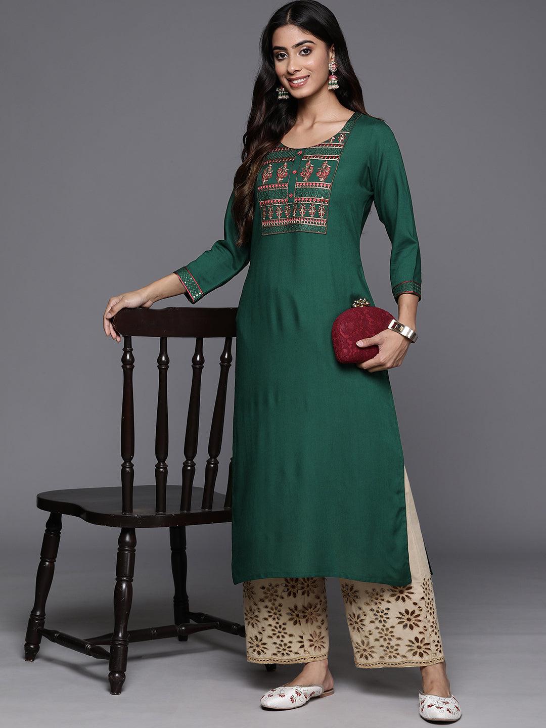 Green Yoke Design Rayon Straight Kurta - Libas