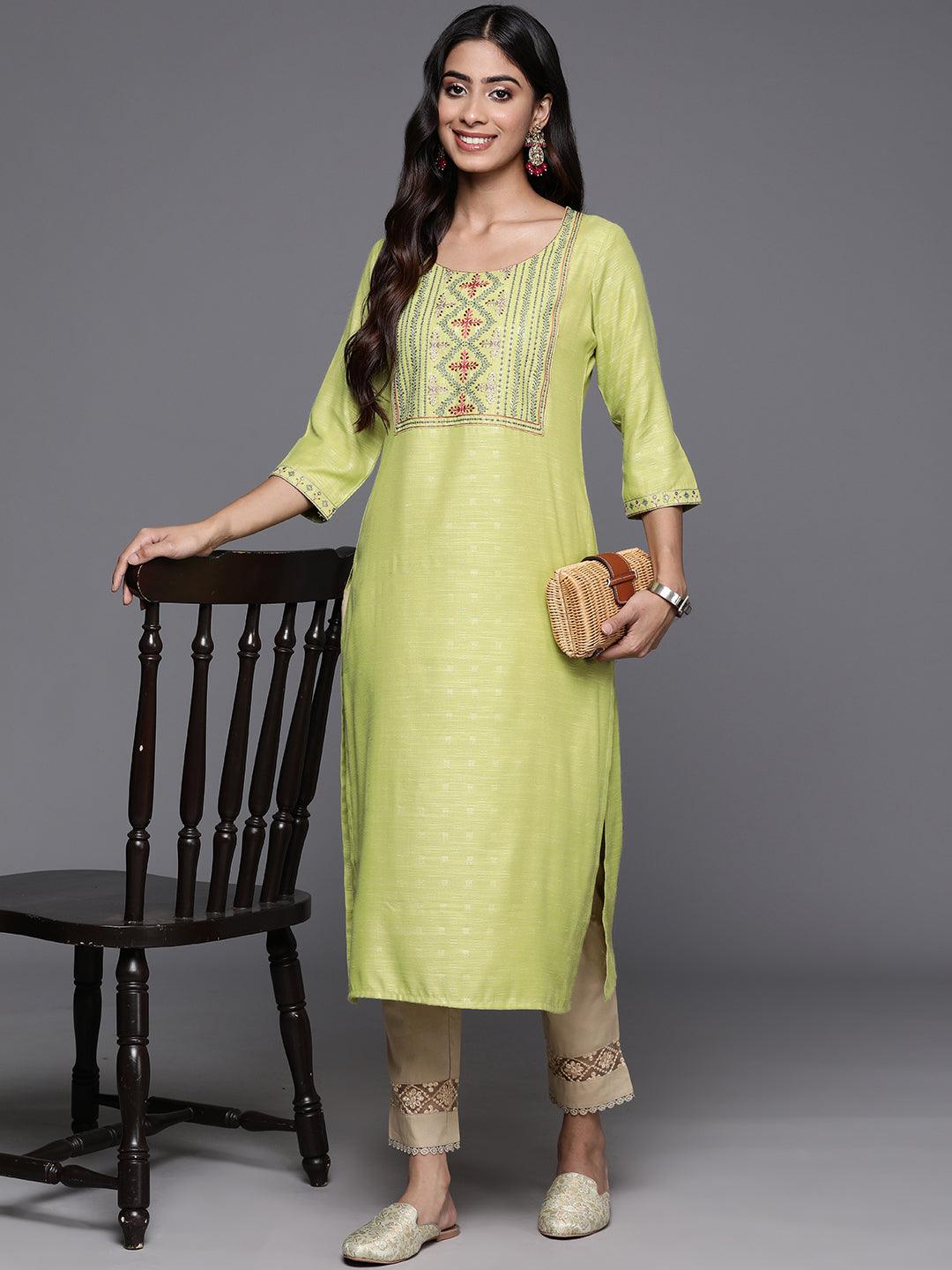 Green Yoke Design Rayon Straight Kurta - Libas