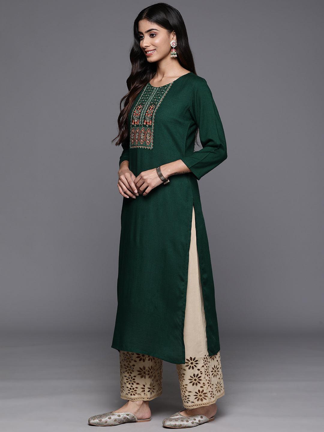 Green Yoke Design Rayon Straight Kurta - Libas