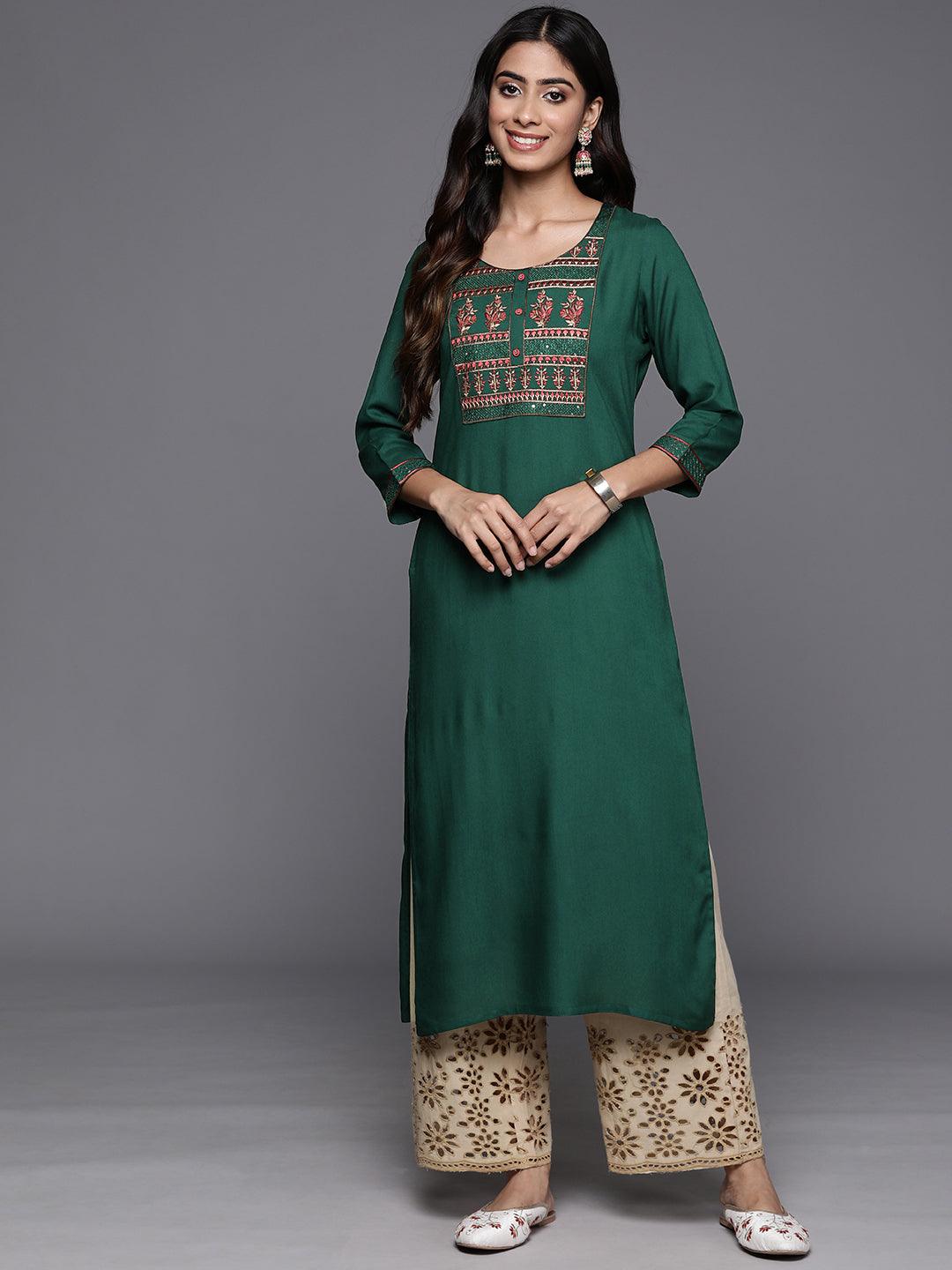 Green Yoke Design Rayon Straight Kurta - Libas