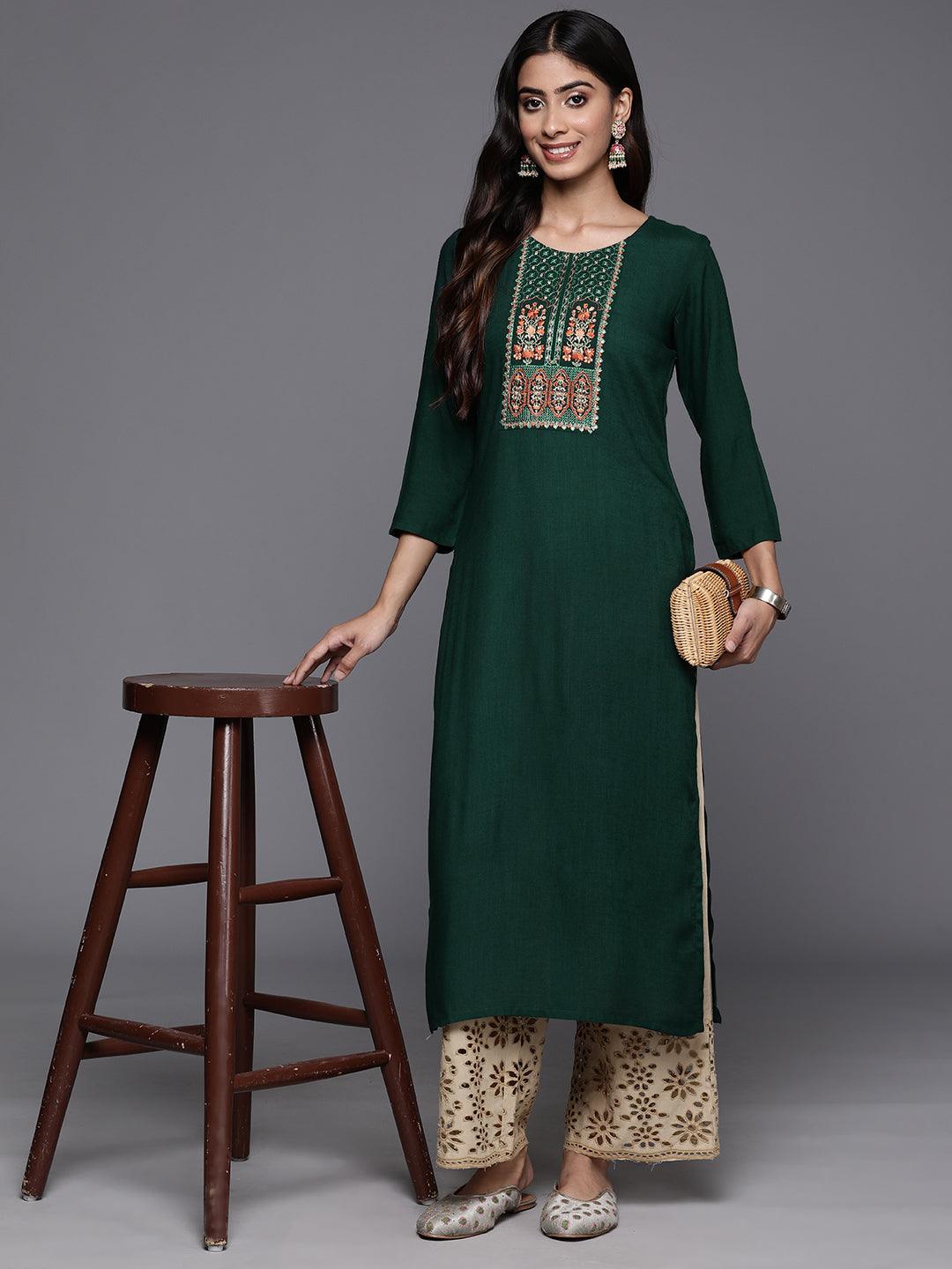 Green Yoke Design Rayon Straight Kurta - Libas