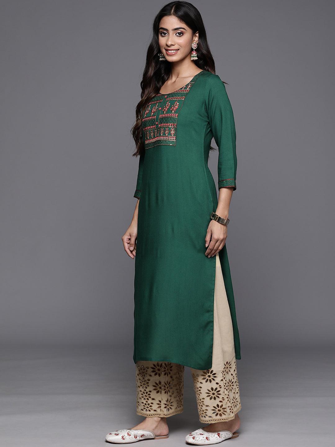 Green Yoke Design Rayon Straight Kurta - Libas