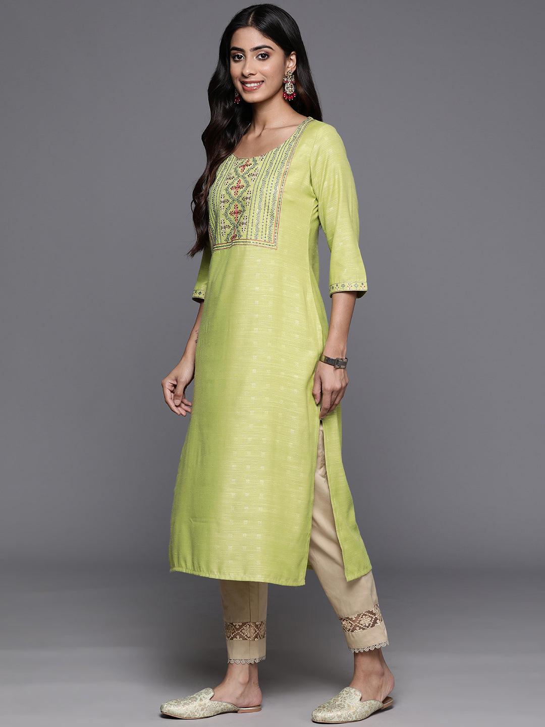 Green Yoke Design Rayon Straight Kurta - Libas