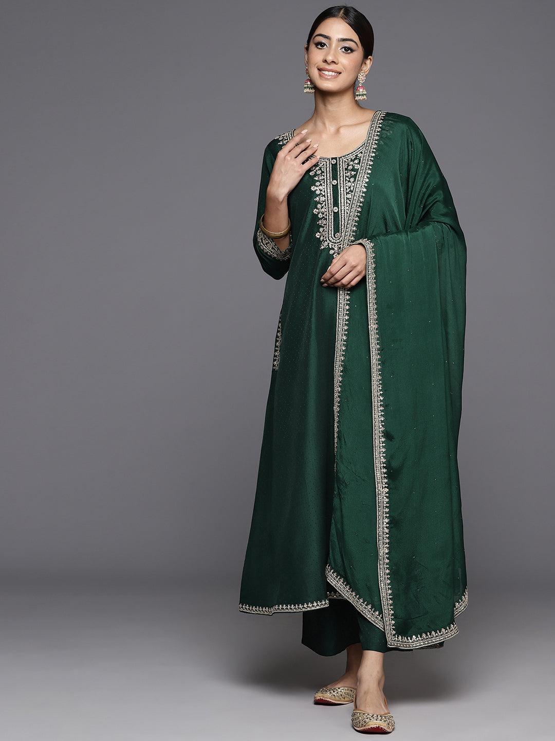 Green Yoke Design Silk Blend A-Line Kurta With Palazzos & Dupatta - Libas