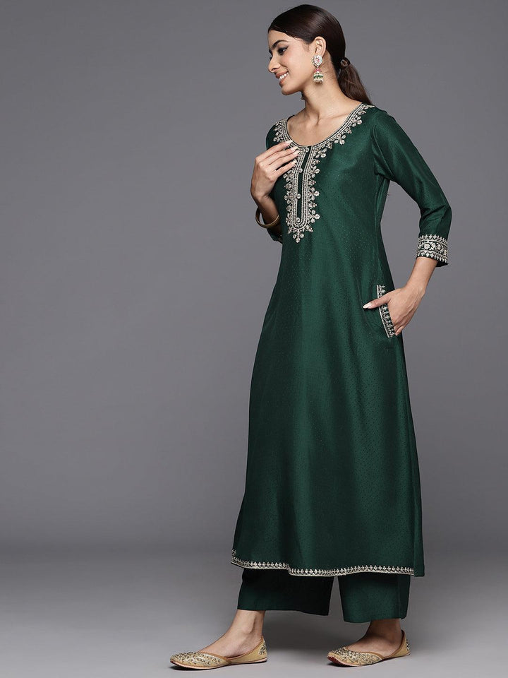 Green Yoke Design Silk Blend A-Line Kurta With Palazzos & Dupatta - Libas