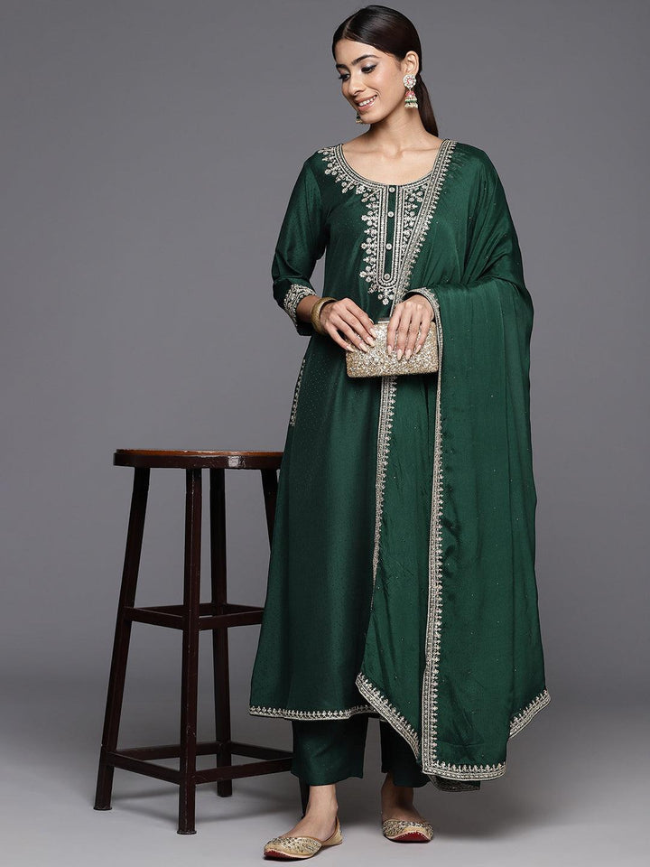 Green Yoke Design Silk Blend A-Line Kurta With Palazzos & Dupatta - Libas